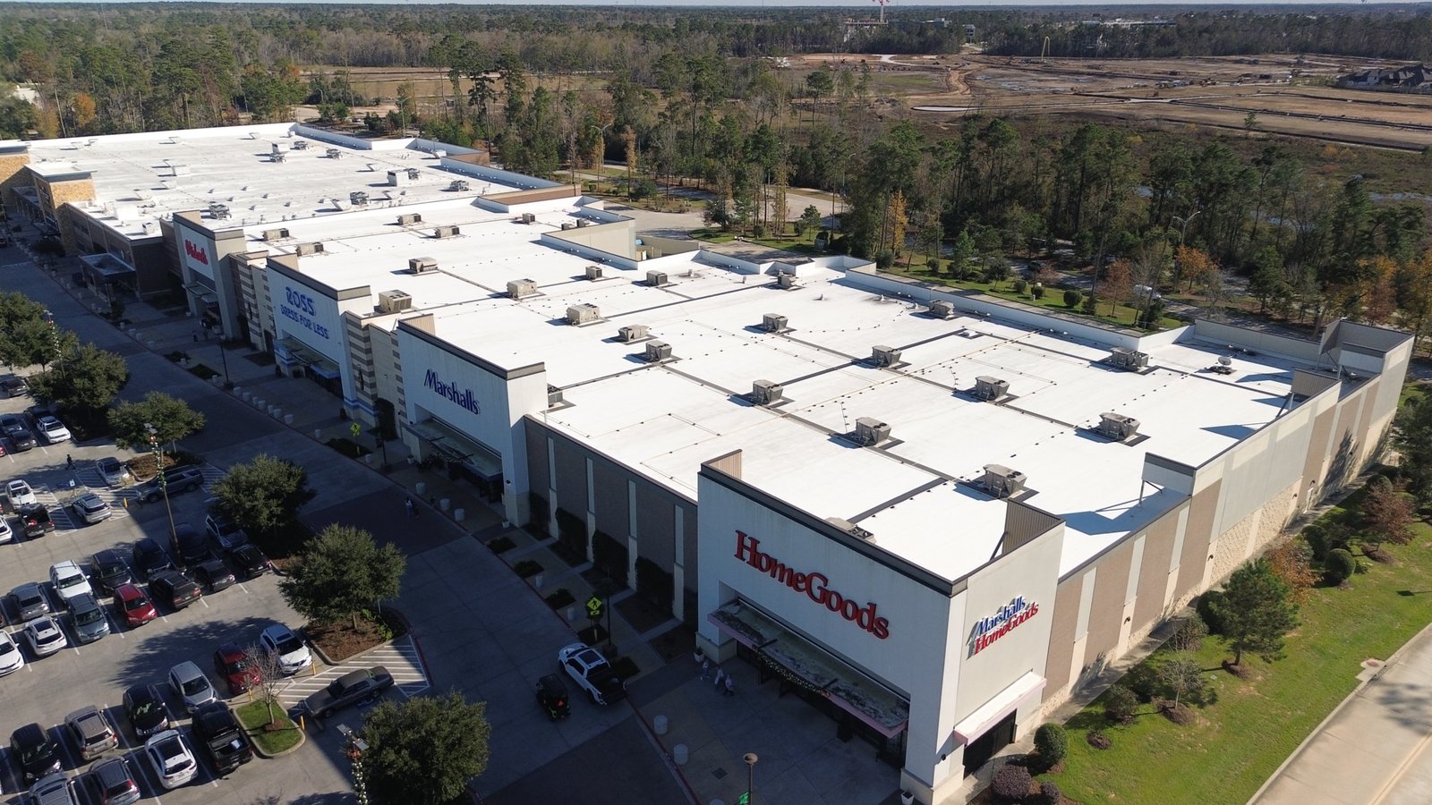 Drone shot of a shopping plaza roof